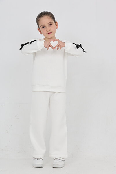 ERDEM KIDS Момичешка 3-нишка блуза с подплата от шерпа и панделки - Комплект спортен екип с широки панталони