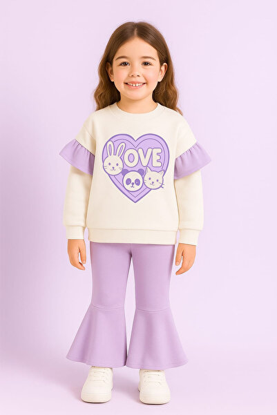 bebekpare Girl's Top and Bottom Set Lilac Heart Printed (the Fabric Is Not Shiny) 100% Cotton
