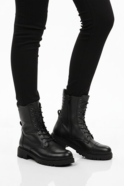 AYAKMOD حذاء نسائي أسود من الجلد الطبيعي مبطن بالصوف ومضاد للانزلاق 52682-1 Z