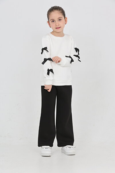 ERDEM KIDS Girl's 3 Thread Ş Fleece-Lined Basic Sweatshirt with Ribbon Detail - Loose Fit Palazzo Tracksuit Set