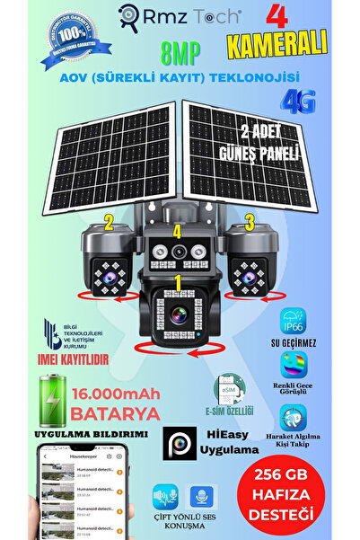 RMZTECH ESVISION 5704 4 Kameralı 8MP E-Sim Çift Solar Panel | 4G AOV PTZ Kame...