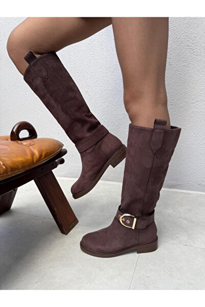 Elvinin Tarzı Karlen Acı Kahve Süet Toka Detaylı Çizme