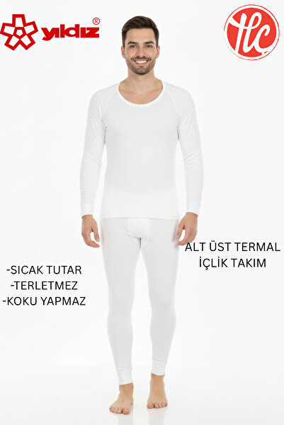 Yıldız Çamaşır Men's Warm, Anti-Sweat, Long-Sleeved Ecru Thermal Underwear Set