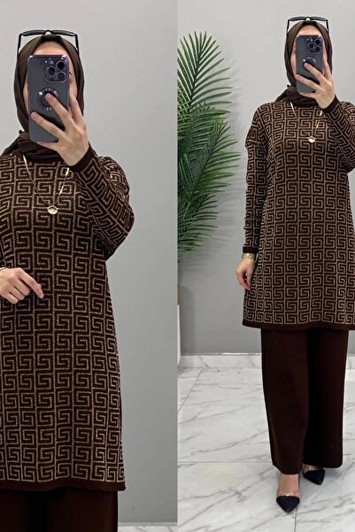 Hürrem Seasonal knitwear set hijab patterned acrylic cotton fabric lycra bitter brown