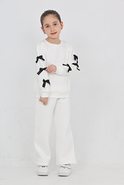 ERDEM KIDS Момичешка 3-нишка блуза с подплата от шерпа и панделки - Комплект спортен екип с широки панталони