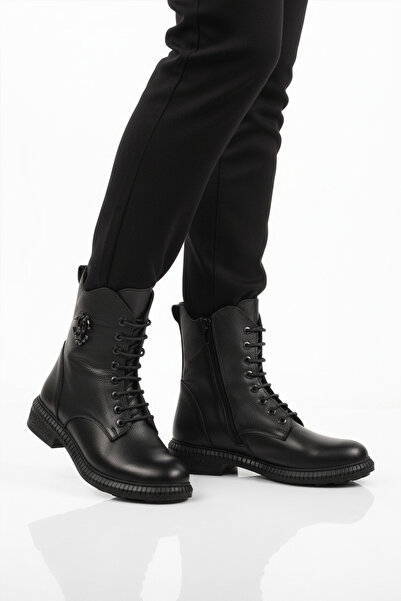 AYAKMOD Cizme de damă din piele naturală neagră, cu șireturi, anti-alunecare,...