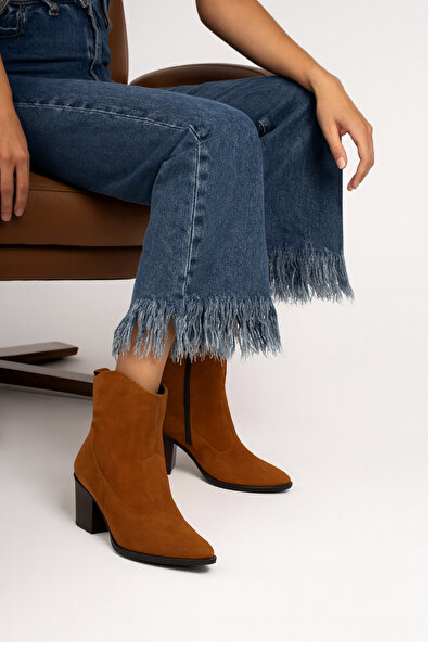 Elvessa Kadın Taba Süet Fermuarlı Kovboy/Western İçi Kürklü 5 Cm Kısa Topuklu Kaymaz Taban Bot