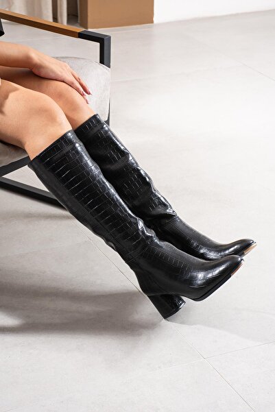 FSKOMBİN Long Women's Black Crocodile Thick Heeled Boots