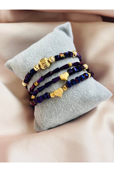 COCOSH TAKI سوار متعدد الأجزاء بتفاصيل ذهبية مع حجر كريستال أرجواني على شكل قلب.