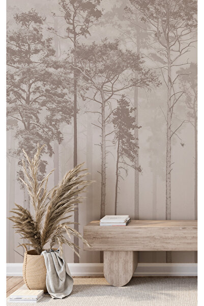 Tasarım Bej Sisli Orman Manzaralı Duvar Kağıdı Poster | Doğal Ağaç Silüeti Salon Yatak Odası Dekoru