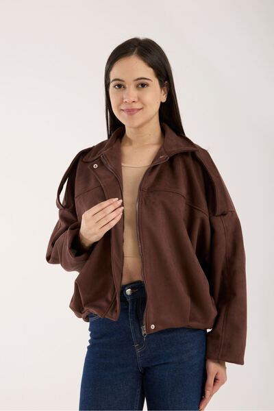 İLKCET MODA Γυναικείο μπουφάν Bitter Brown χωρίς τσέπες Suede oversized Bomber