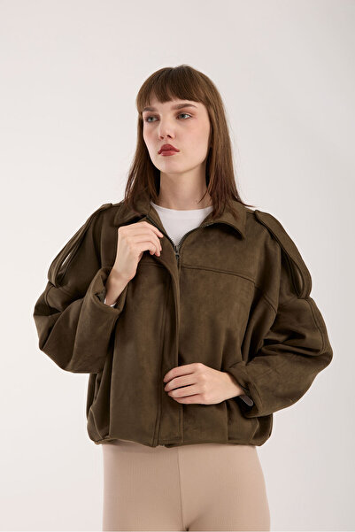 İLKCET MODA Women's Khaki Suede Oversized Bomber Jacket