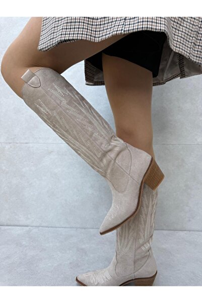 Elvinin Tarzı Westa Bej Süet Uzun Kovboy Çizmesi