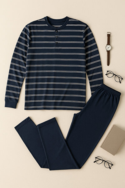 Free Beka Σετ ανδρικής πιτζάμα με μακρυμάνικο μπλε ναυτικό μοτίβο με ρίγες από 100% βαμβάκι