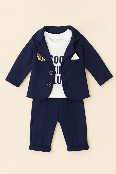 Uğur bebe Navy Blue Soft Cotton Baby Boy Set – 3-Piece Set with Stylish Jacket and Long Sleeve Sweatshirt