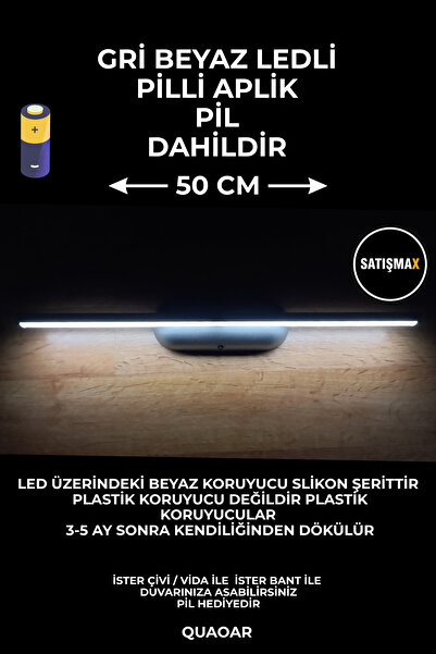 SatışMax Modern Kablosuz Tak Çalıştır Byz Ledli Pilli Aplik Banyo Tablo Ayna Aydınlatma Gri 50CM Pil Dahildir