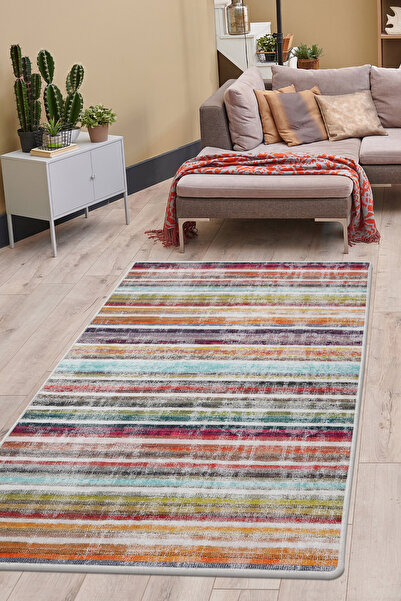 Dijidekor Digital Carpet Striped Model Multi-Color Washable Non-Slip Cut Carpet Runner 80X100