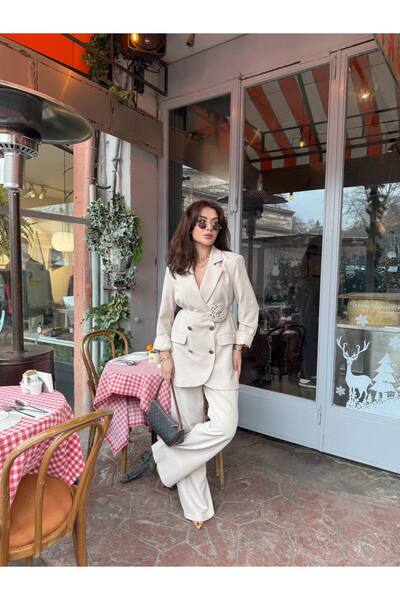 SUXİRCNHTMTS Γυναικείο κοστούμι με διπλό υφασμάτινο ασημί κουμπί με λεπτομέρεια ροζ και ζώνη