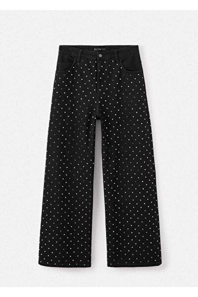 MANGO Woman Strass taşlı wide leg jean pantolon