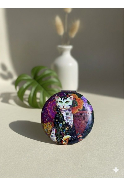 Home Kedi Desenli Simli Cep/Çanta Aynası