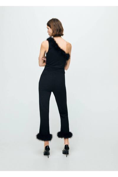 MANGO Woman İnce örgü kumaşlı tüy detaylı capri pantolon