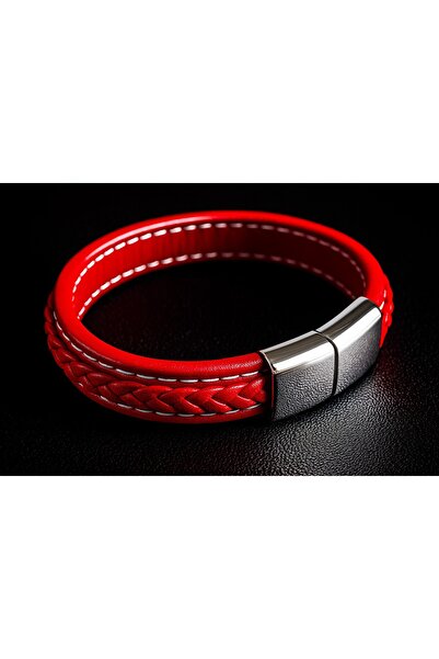 voyageaccessory Red Braided Leather Men's Bracelet with Stainless Steel Magnetic Clip