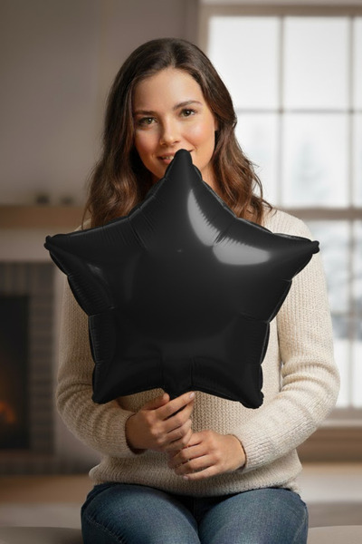 Baloncu Dede Siyah Yıldız Folyo Balon 1 Adet 45 Cm Romantik Kutlama Doğum Gün...