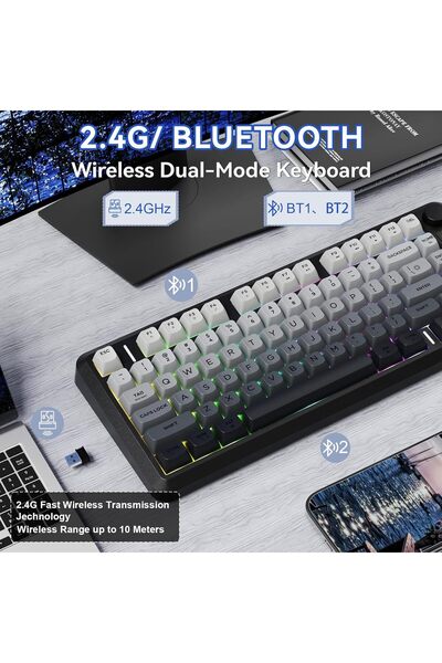 ATAsoft ELEKTRONİK Since 2021 Freewolf M75 Kablosuz BT1+BT2+2.4Ghz Oled TFT Ekranlı Rainbow Aydınlatmalı Gaming Oyuncu Klavye