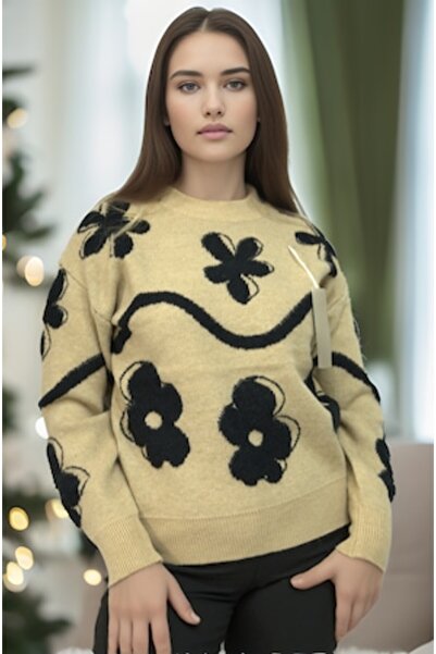 OEM Women's beige sweater with floral print, casual elegant, One Size INTL