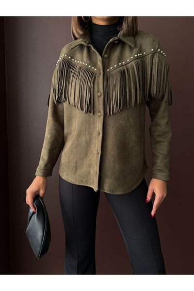 Hilals Butik Siyah Püsküllü Scuba Süet Gömlek