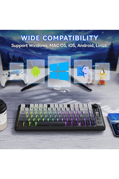 ATAsoft ELEKTRONİK Since 2021 Freewolf M75 Kablosuz BT1+BT2+2.4Ghz Oled TFT Ekranlı Rainbow Aydınlatmalı Gaming Oyuncu Klavye