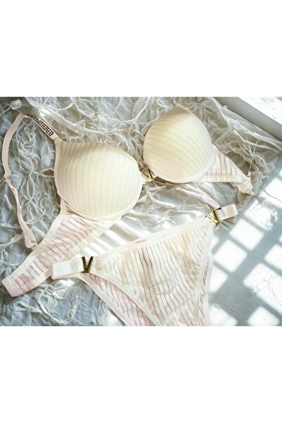 BUTİK SAKURA Women's Stoned V-Model Bra Panty Set