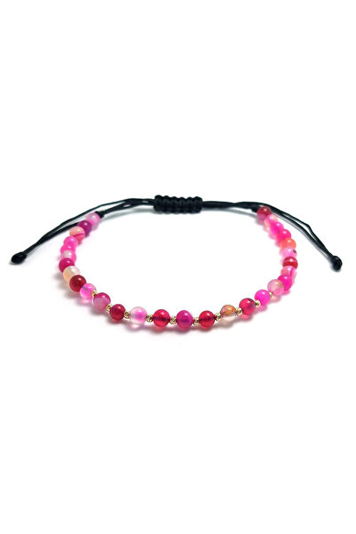 Bijolin Gold Cord bracelet, 10 2mm 14k gold ribbed beads, Pink Agate