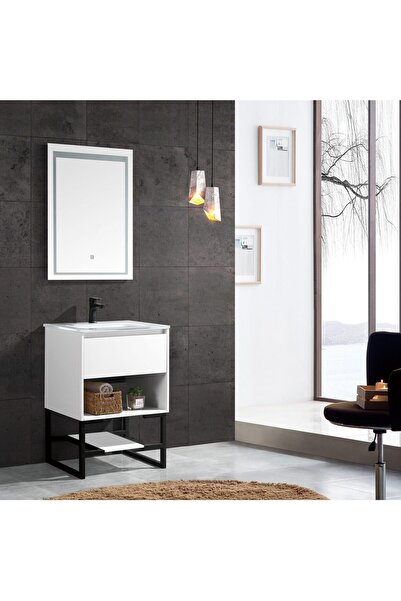 Trendy's Σετ επίπλων μπάνιου Trendy's με κεραμικό νιπτήρα και καθρέφτη - ματ λευκό, 600x460x820 mm