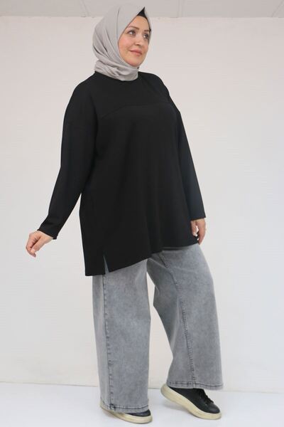 Eslina 58132 Plus Size Slit Modal Tunic with Open Front Detail - Black