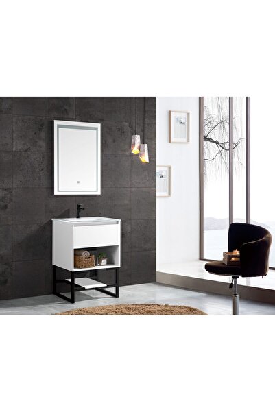 Trendy's Σετ επίπλων μπάνιου Trendy's με κεραμικό νιπτήρα και καθρέφτη - ματ λευκό, 600x460x820 mm