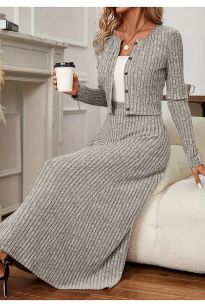 Little Visqon Kadın Uzun Kollu Önden Düğmeli Bluz ve Yüksek Bel A Kesim Uzun Etek Şardonlu Kaşkorse İkili Takım