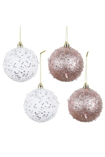 ANTBRO Set de 4 globuri de Crăciun, albe și roz cu sclipici, 8 cm