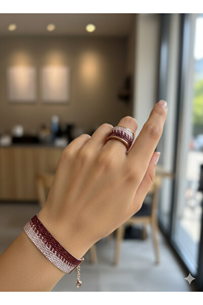 bitangosu طقم خاتم وسوار مصنوع يدويًا من خرز ميوكي الهندسي باللون العنابي (تفاصيل ذهبية وردية)