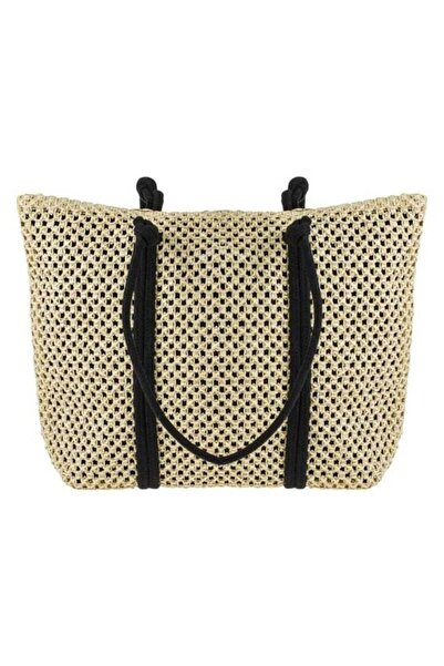 ANTBRO Ecru straw shoulder bag with black handles, 44×11×32 cm –