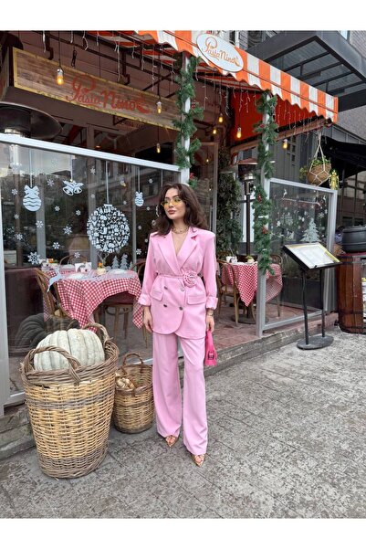 SUXİRCNHTMTS Double Fabric Silver Buttoned Rose Detailed Women's Suit