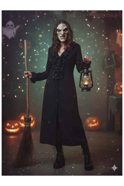 Namaste Vintage Halloween Costume with Black Collar and Ruffled Sleeves, Witch Costume