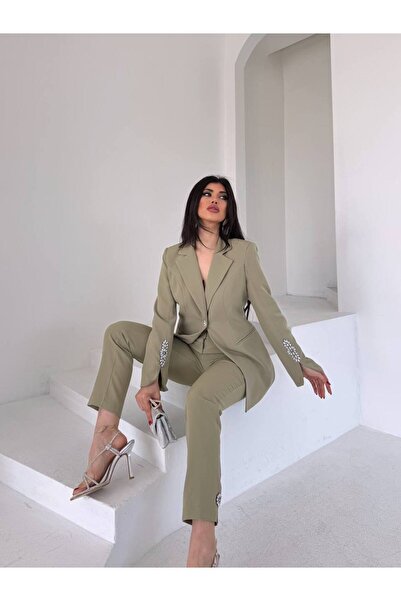 SUXİRCNHTMTS Double Kumaş Taş Detaylı Kol ve Paça Bilek Kadın Takım Elbise