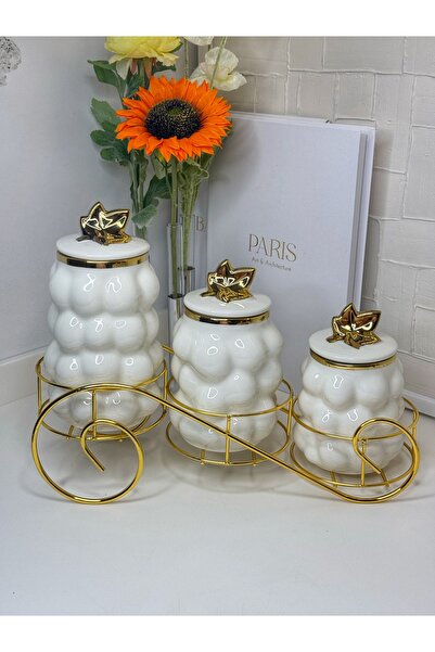 dunyazuccaciye Bubble 3 Lü Gold Standlı Porselen Baharat Takımı