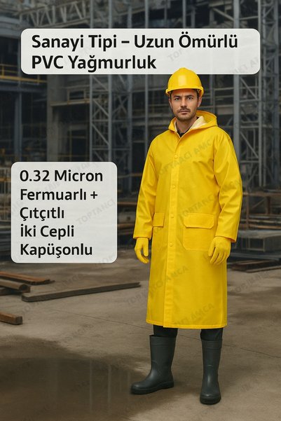 Toptancı Amca Sarı Yağmurluk Kapüşonlu 0.32 Mikron Kalınlık Fermuarlı Çıtçıtlı Su Geçirmez İş Tipi Yağmurluk