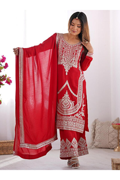 MYSMAR Red Silk Top Bottom & Dupatta - HRT1509 | Red