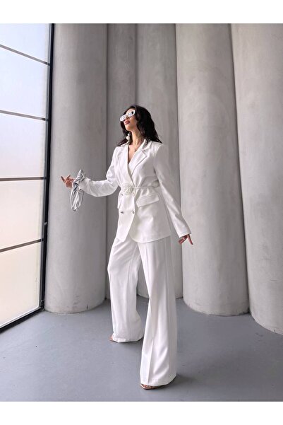 SUXİRCNHTMTS Γυναικείο κοστούμι με διπλό υφασμάτινο ασημί κουμπί και λεπτομέρεια τριαντάφυλλου