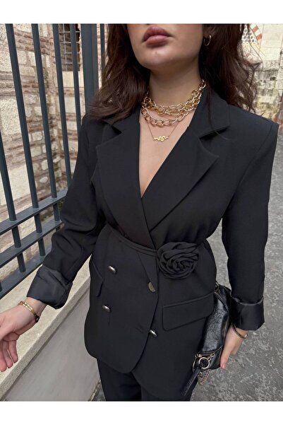 SUXİRCNHTMTS Double Kumaş Gümüş Düğmeli Gül Detaylı Kadın Takım Elbise