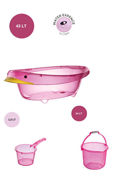 Loremp Bebek Banyo Seti Ördek Modelli Şeffaf Küvet Kova Maşrapa Seti Pembe Renk