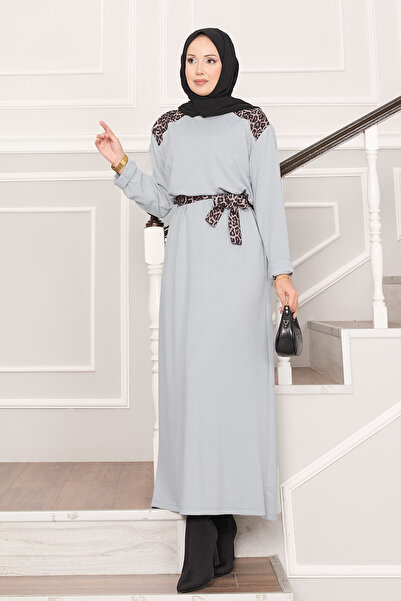 EBRUTESETTÜR Shoulder Leopard Paneled Soft Dress with Belt